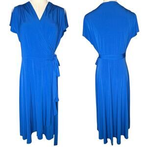 Vicky Tiel Jersey Midi Wrap Flutter Sleeve Dress Blue NEW size Small